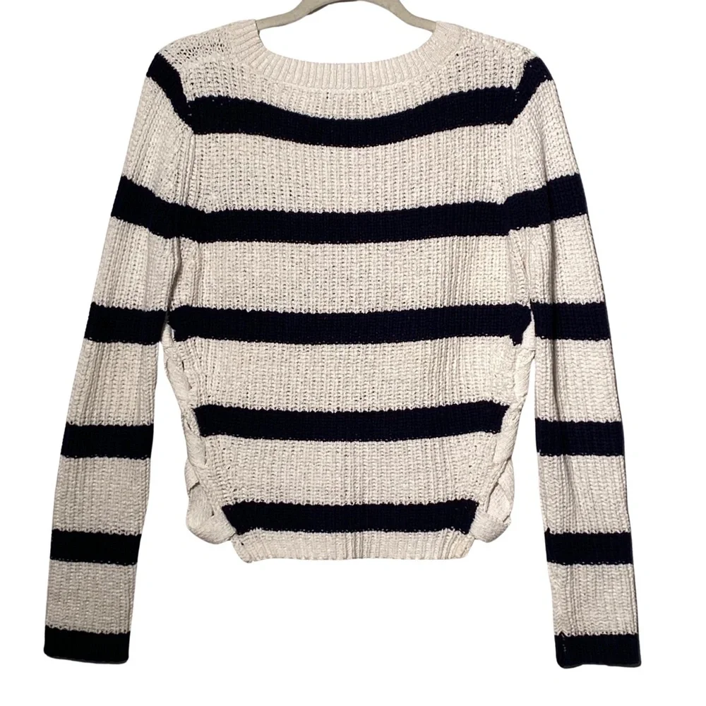 Fate Black White Striped Lace Up Coastal Knit Sweater Size S